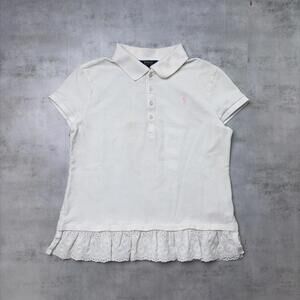 Y2K White Polo Ralph Lauren Grunge Lace Hem Polo Shirt